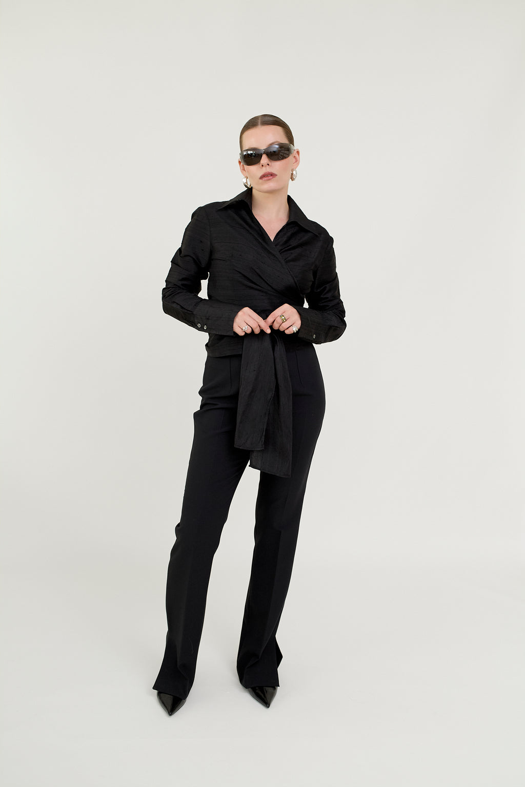 Black silk wrap blouse