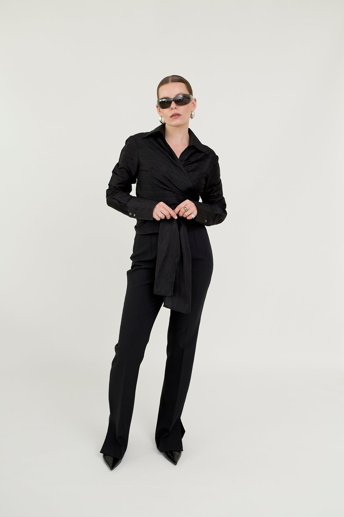 Black silk wrap blouse