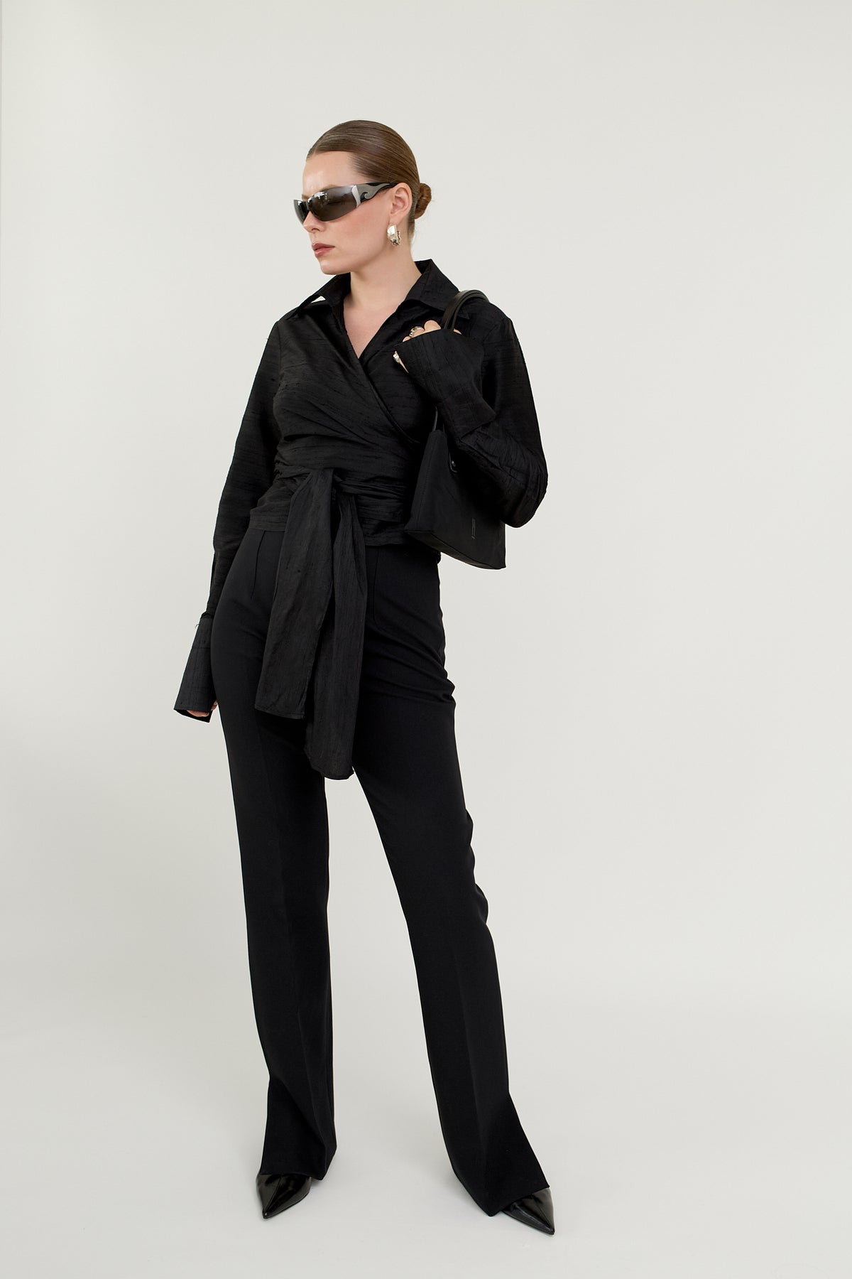 Black silk wrap blouse