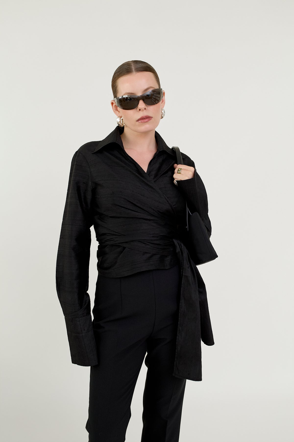 Black silk wrap blouse