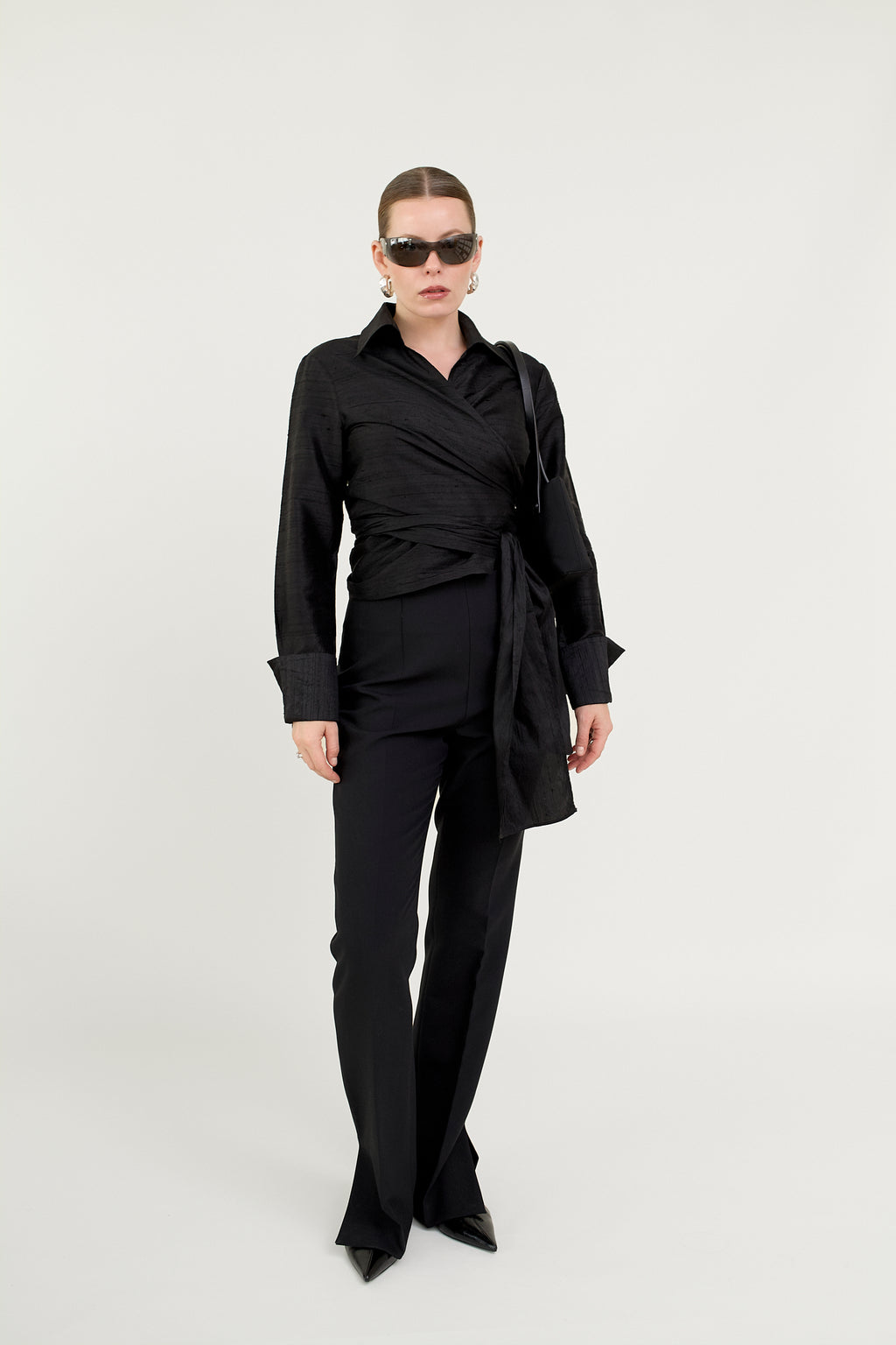 Black silk wrap blouse