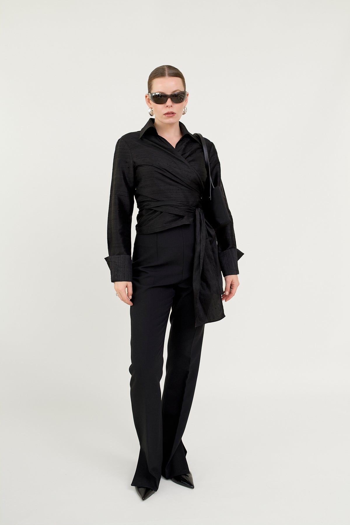 Black silk wrap blouse