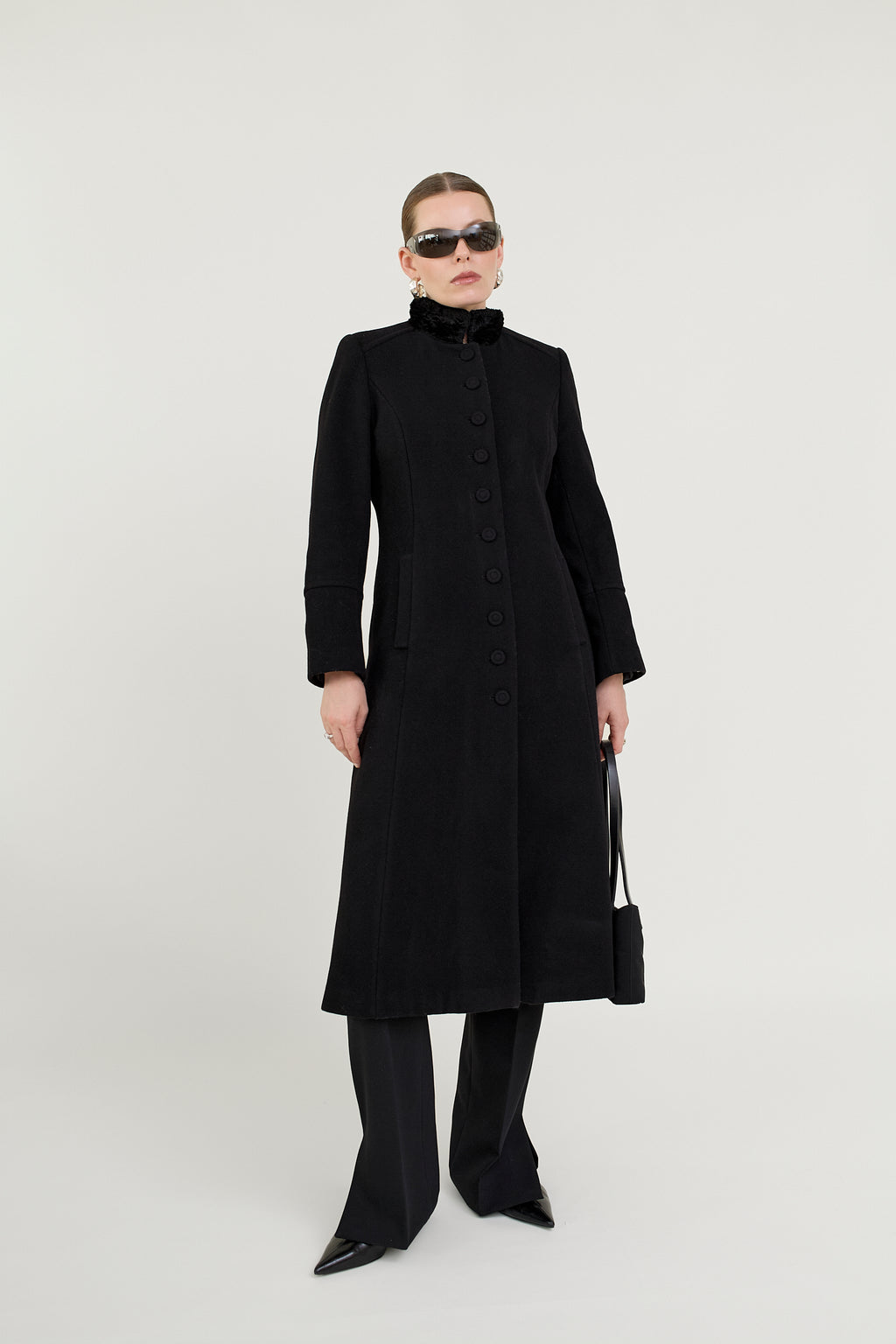 Wool cashmere military coat, plush collar