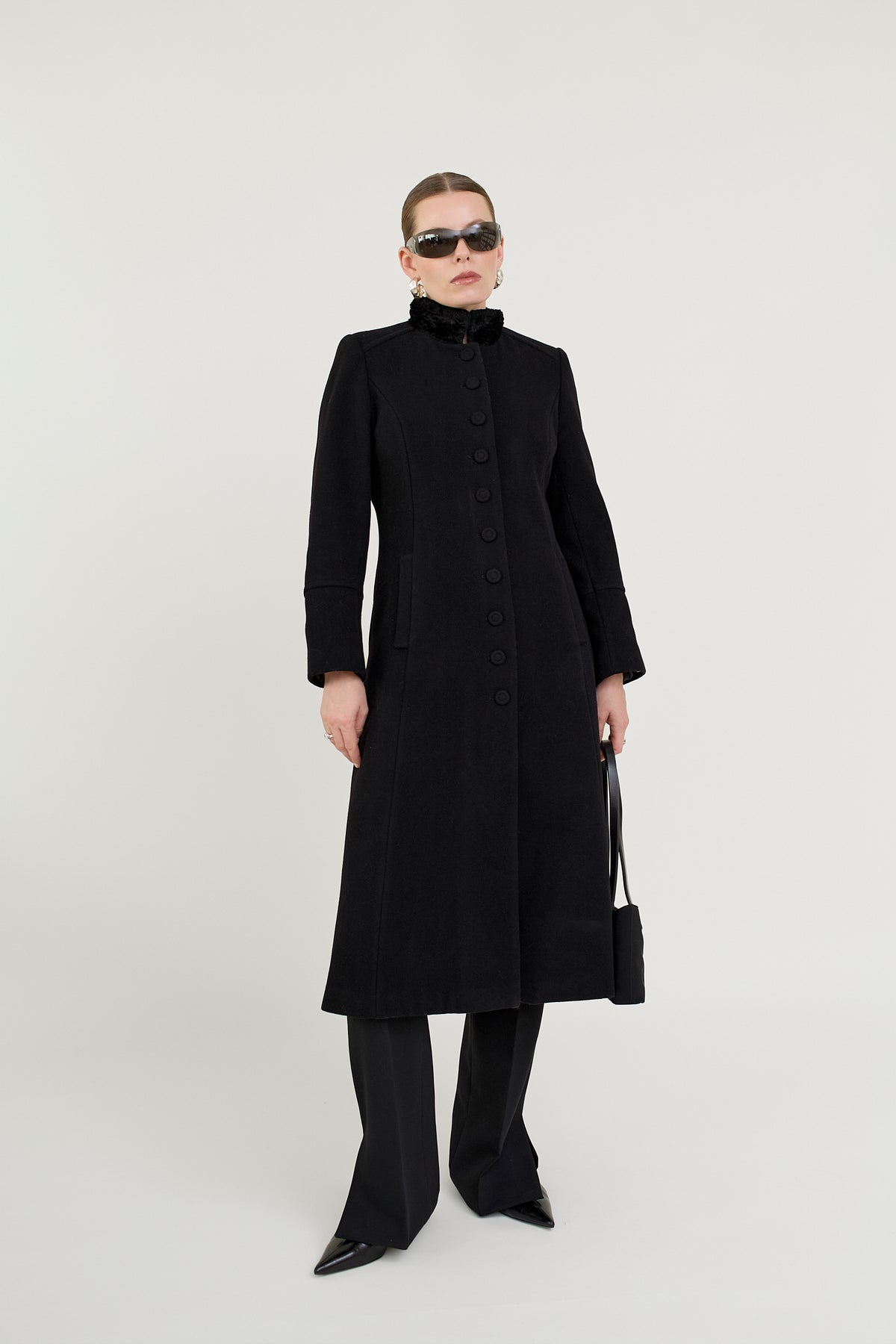 Wool cashmere military coat, plush collar