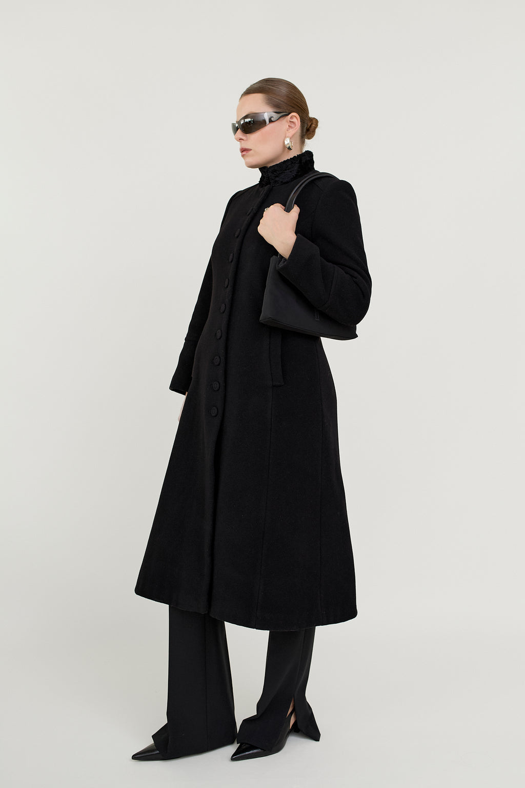 Wool cashmere military coat, plush collar