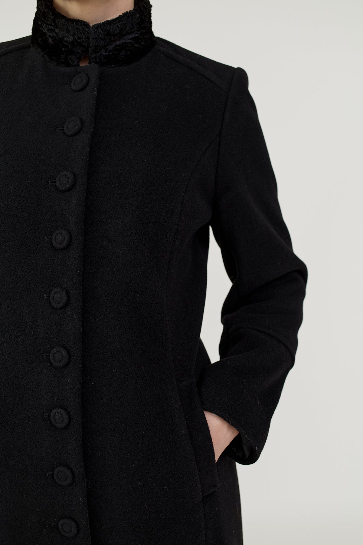 Wool cashmere military coat, plush collar