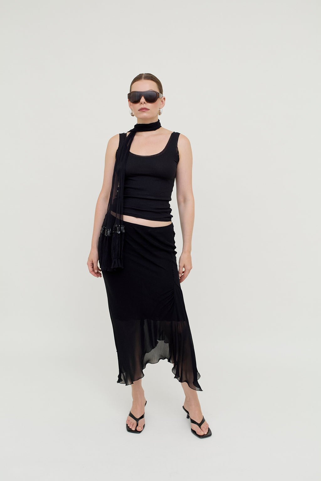 Black layered viscose midi skirt