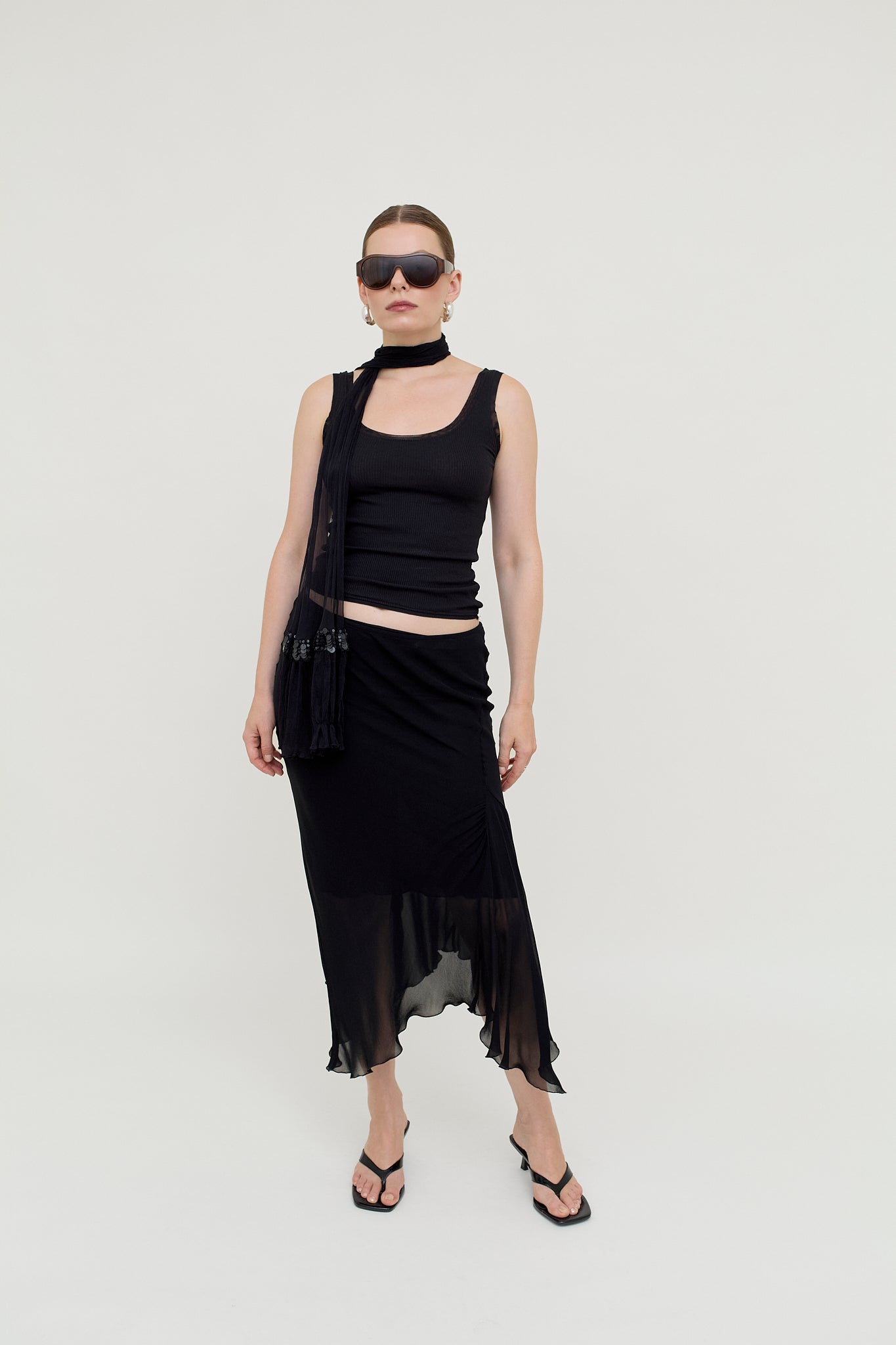 Black layered viscose midi skirt