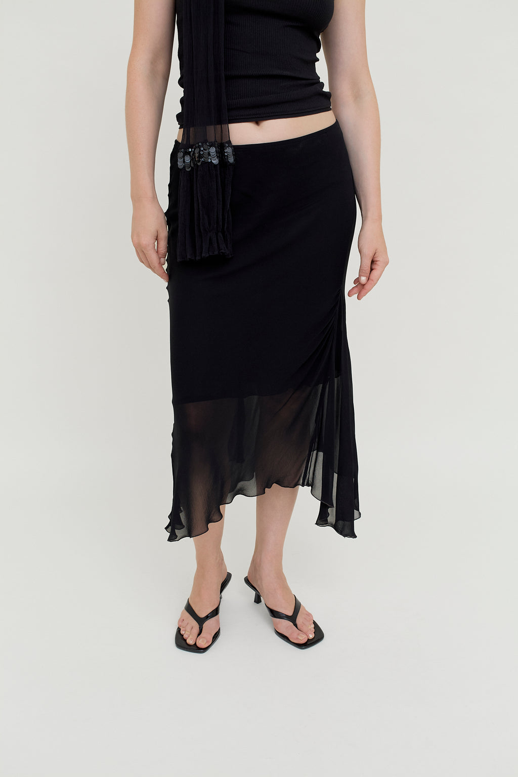 Black layered viscose midi skirt