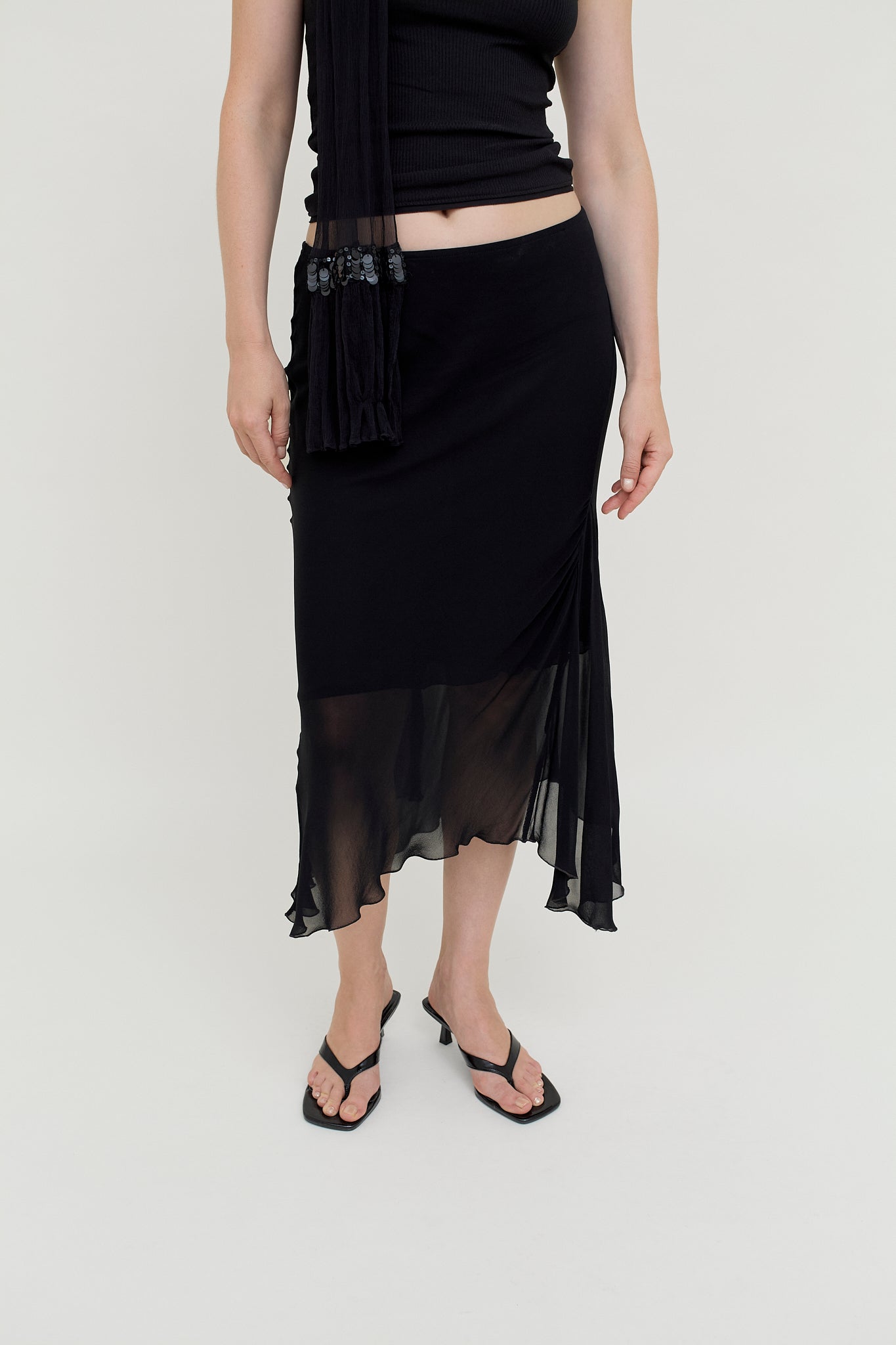 Black layered viscose midi skirt