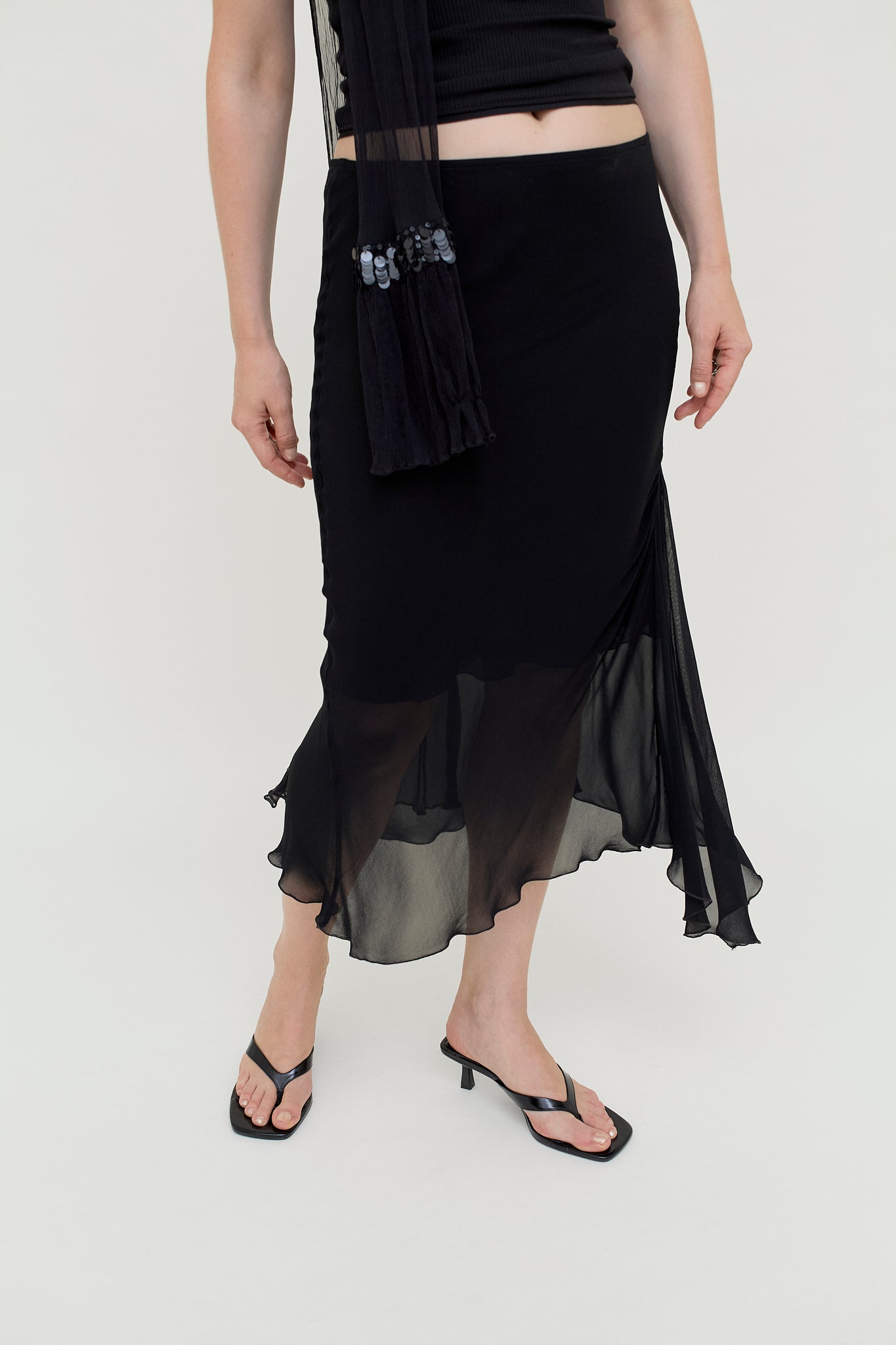Black layered viscose midi skirt