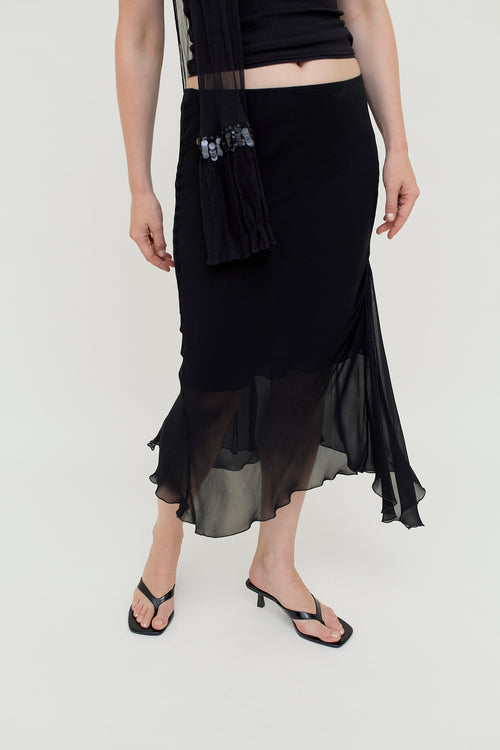 Black layered viscose midi skirt