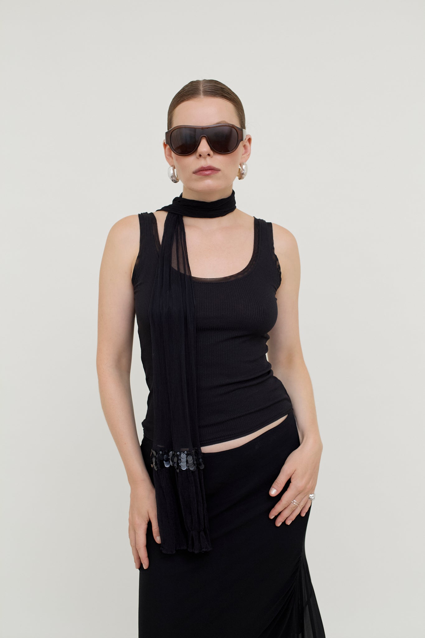 Black layered viscose midi skirt