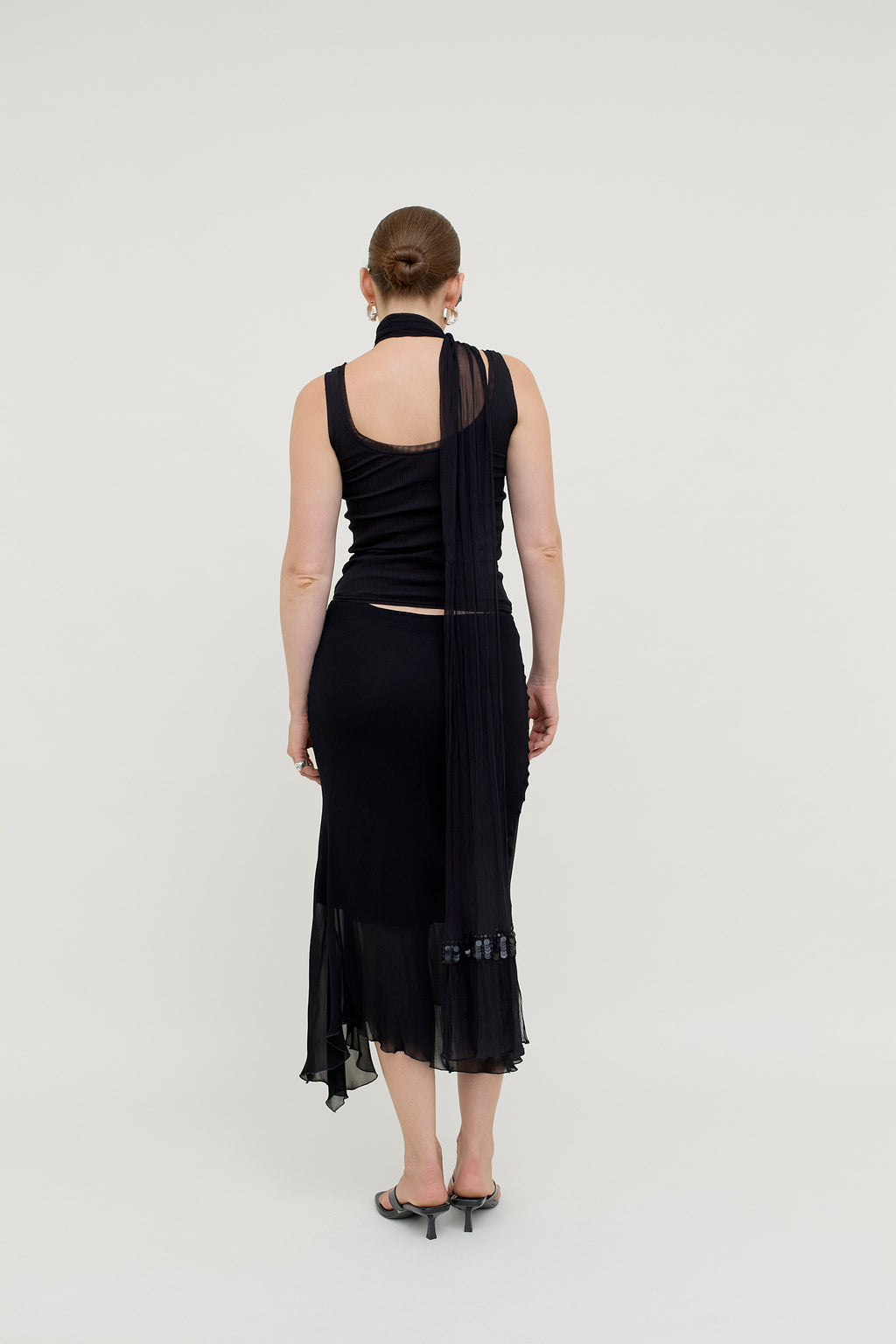 Black layered viscose midi skirt
