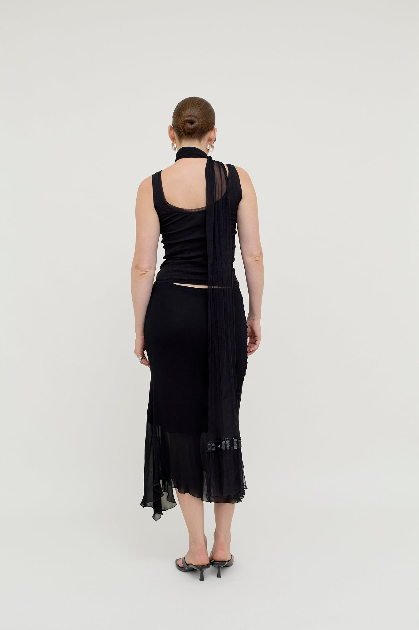 Black layered viscose midi skirt
