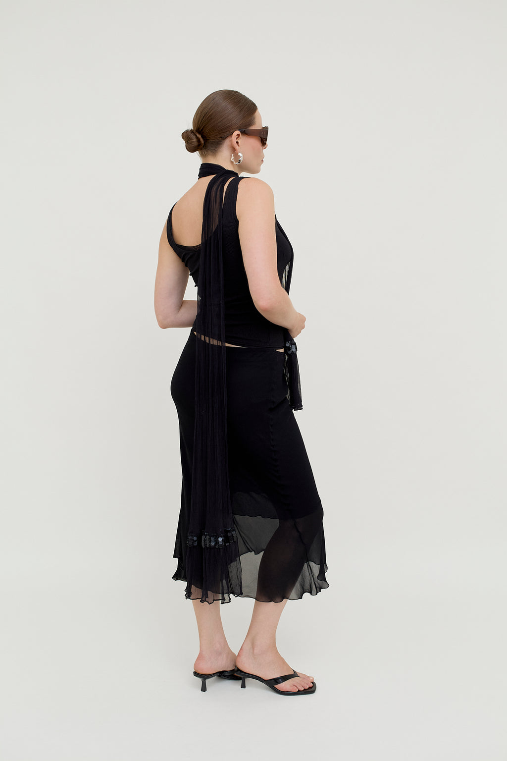 Black layered viscose midi skirt