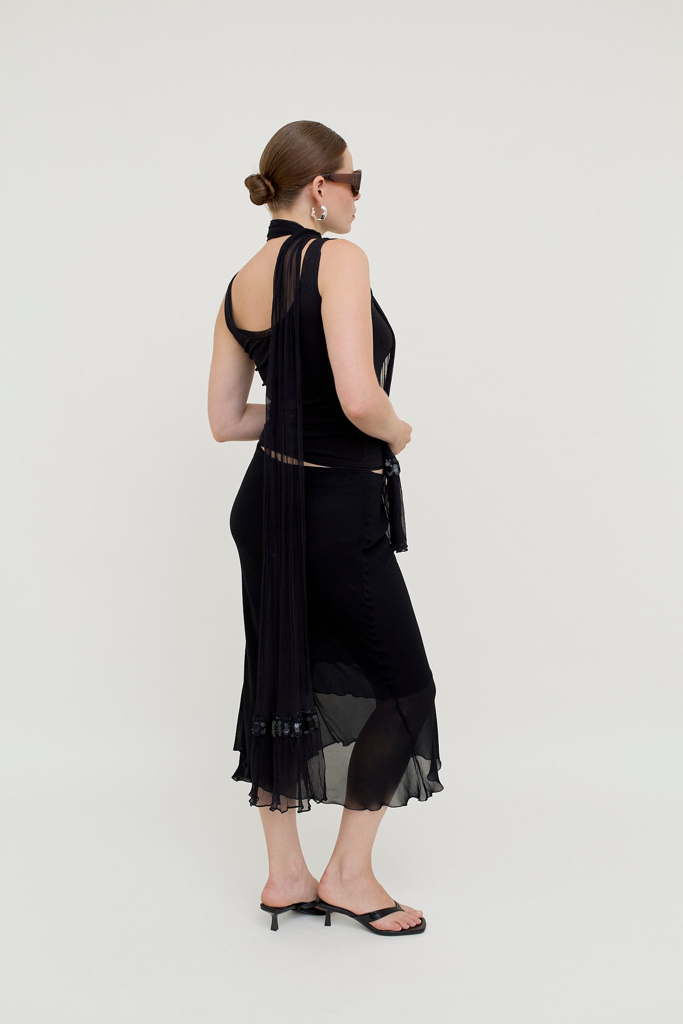Black layered viscose midi skirt