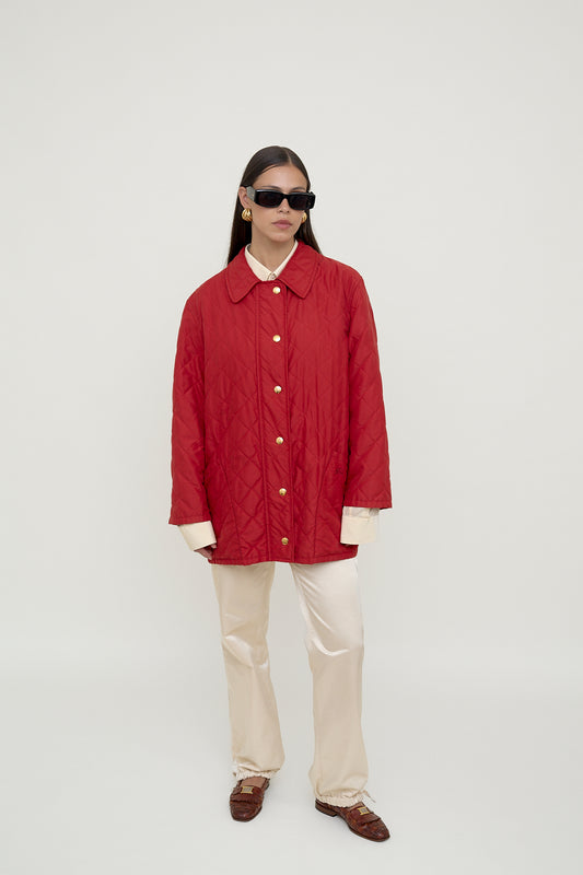 Red quilted Burberry jacket