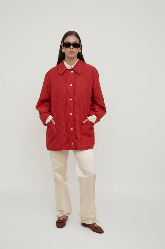 Red quilted Burberry jacket