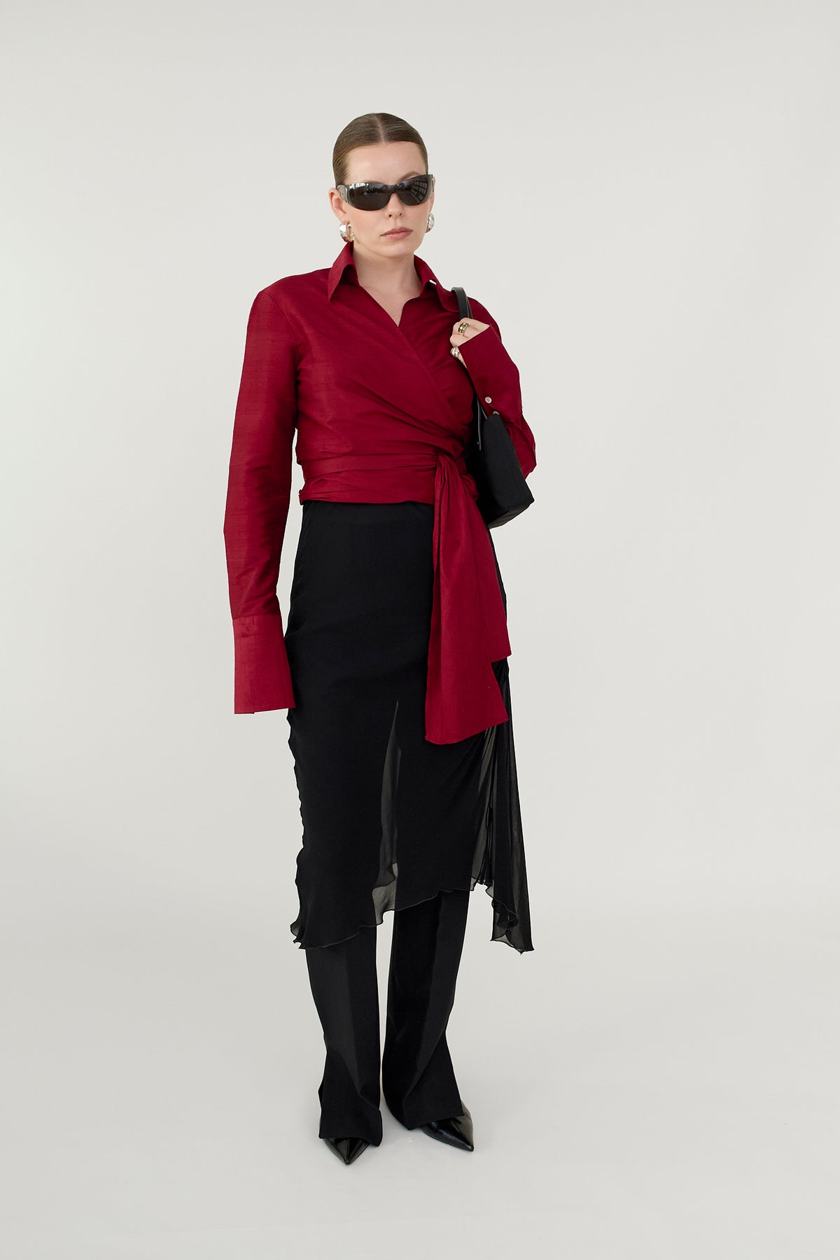 Raspberry silk wrap blouse