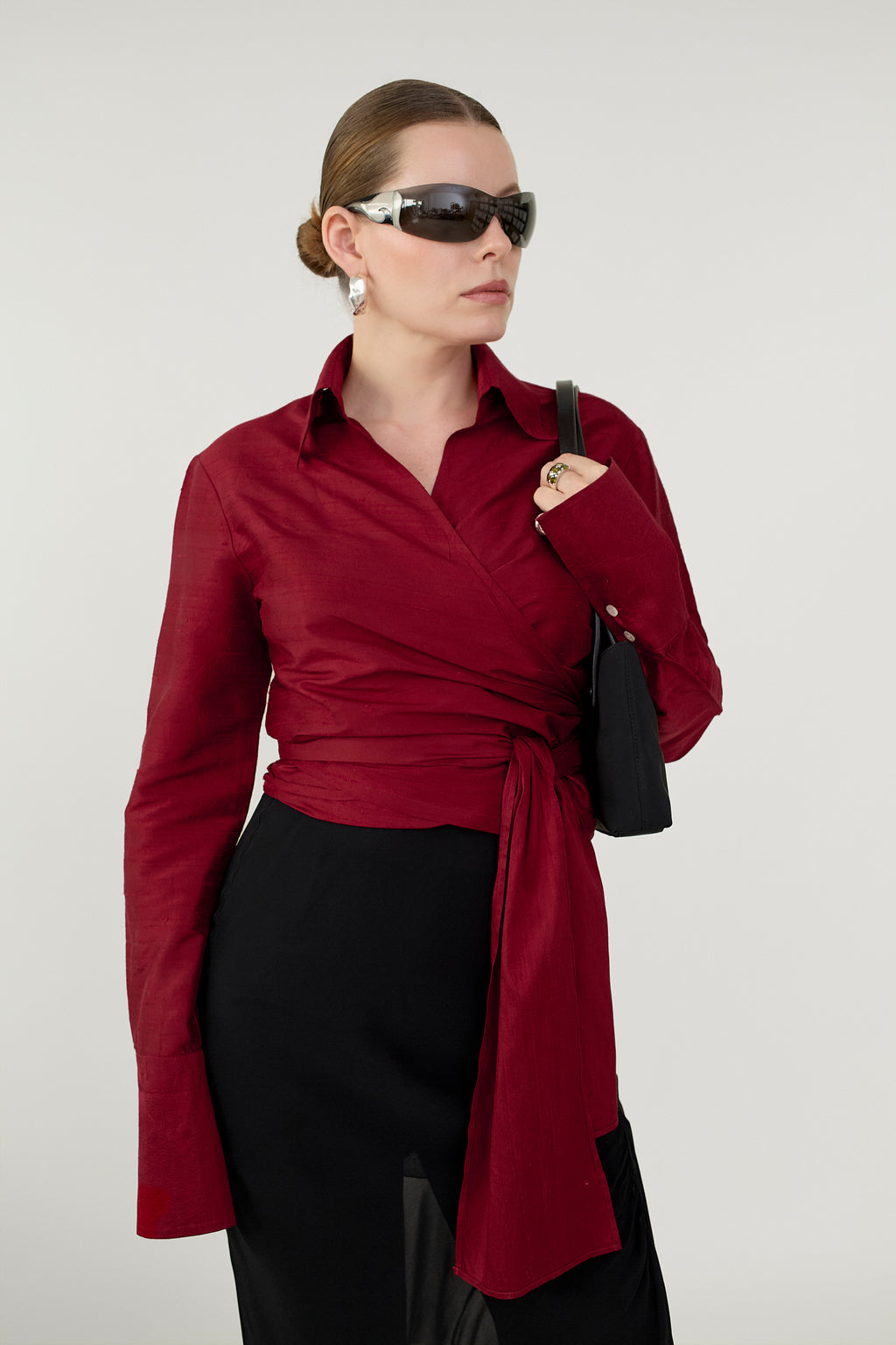 Raspberry silk wrap blouse