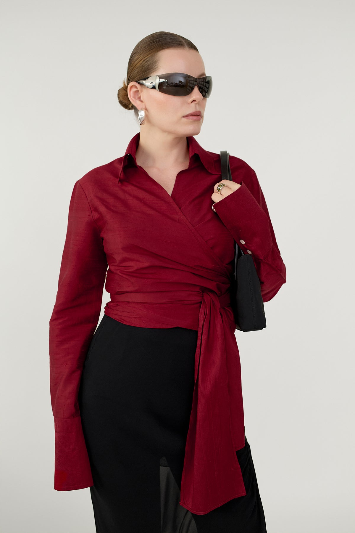 Raspberry silk wrap blouse