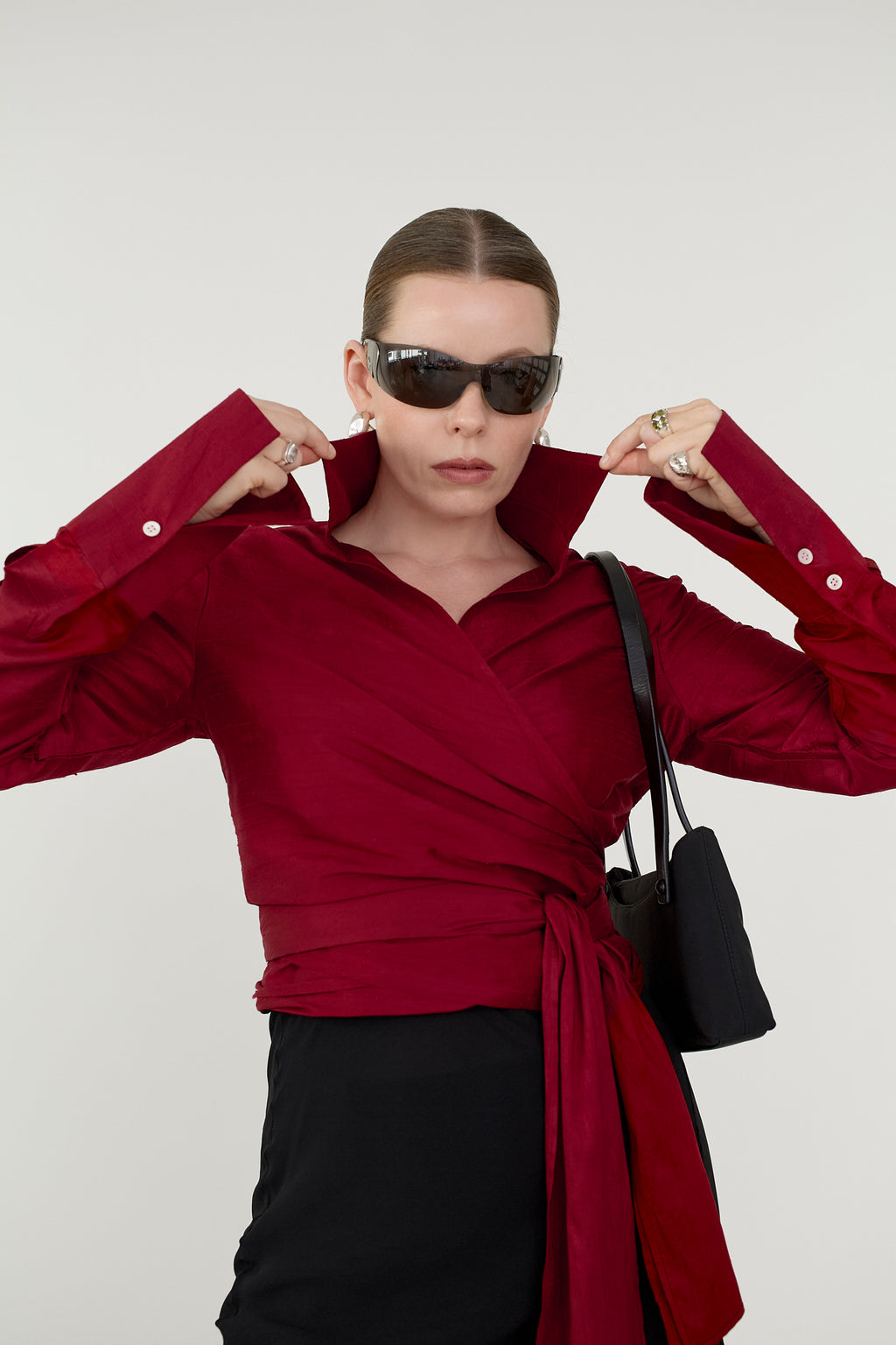 Raspberry silk wrap blouse