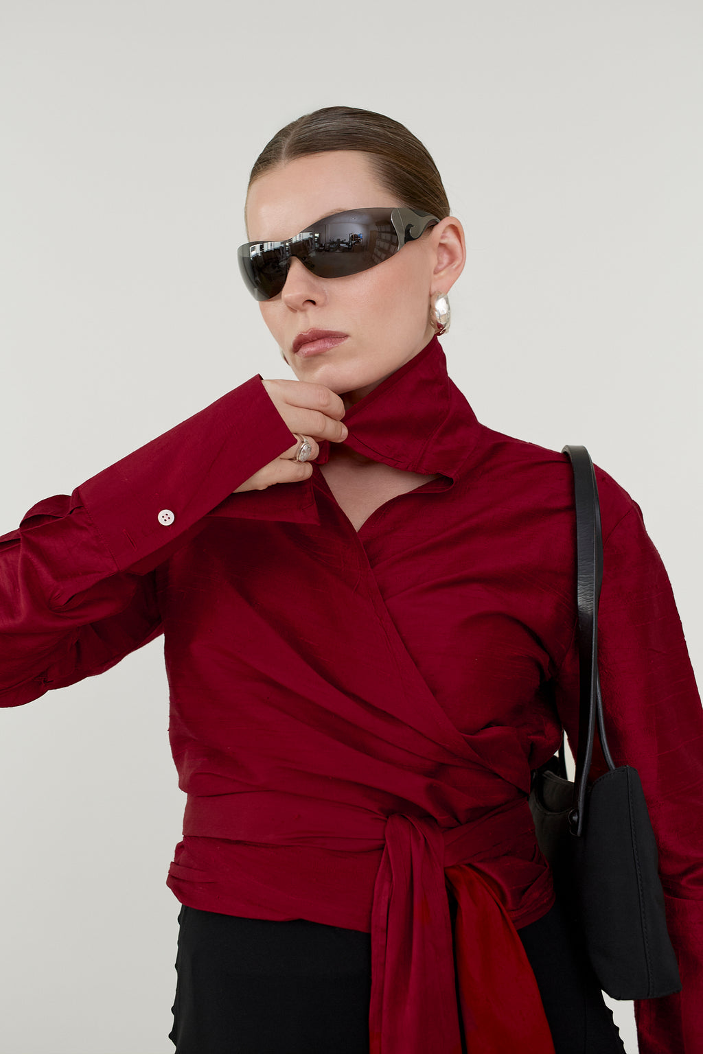 Raspberry silk wrap blouse