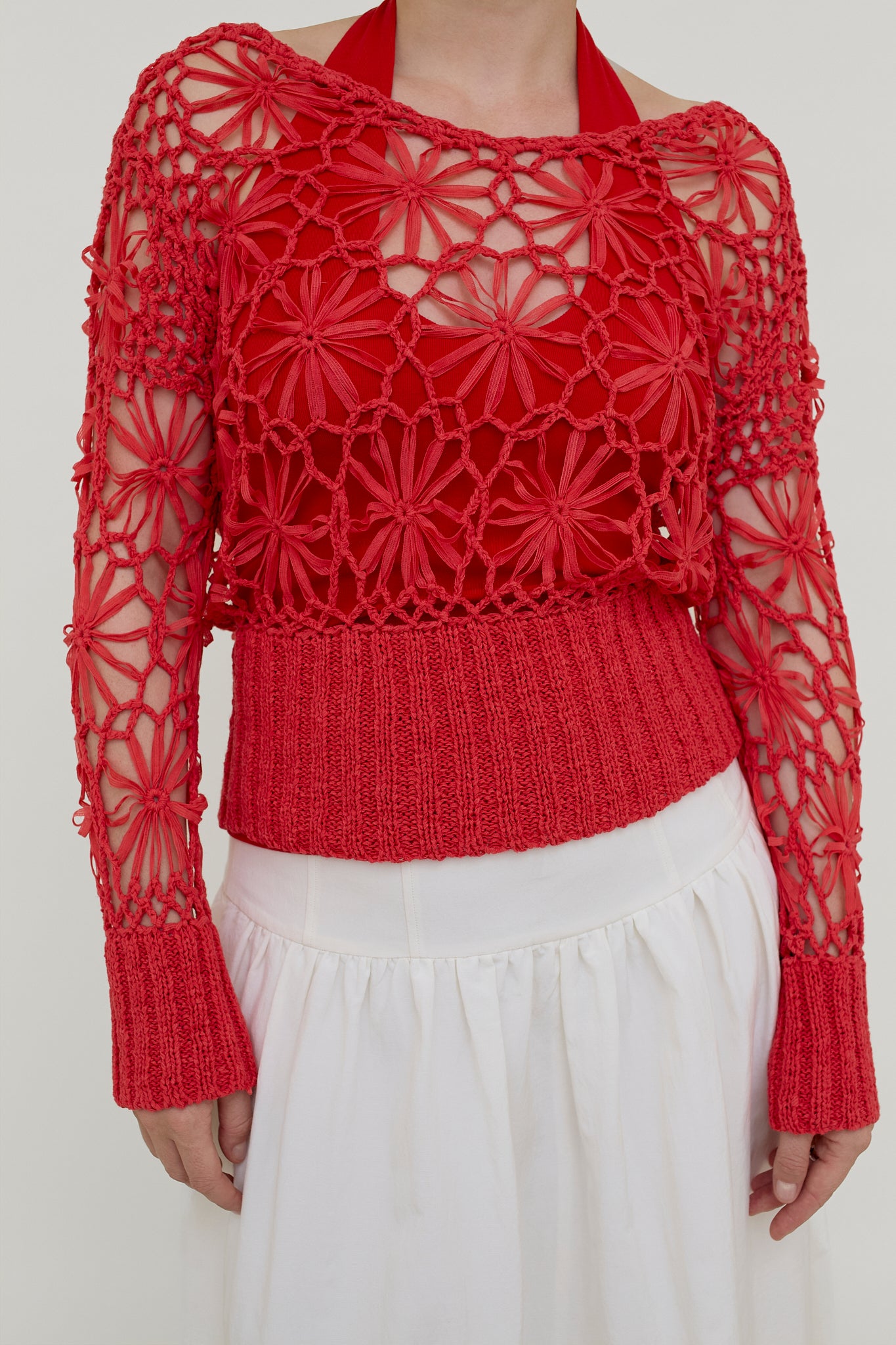 Red crocheted knit top