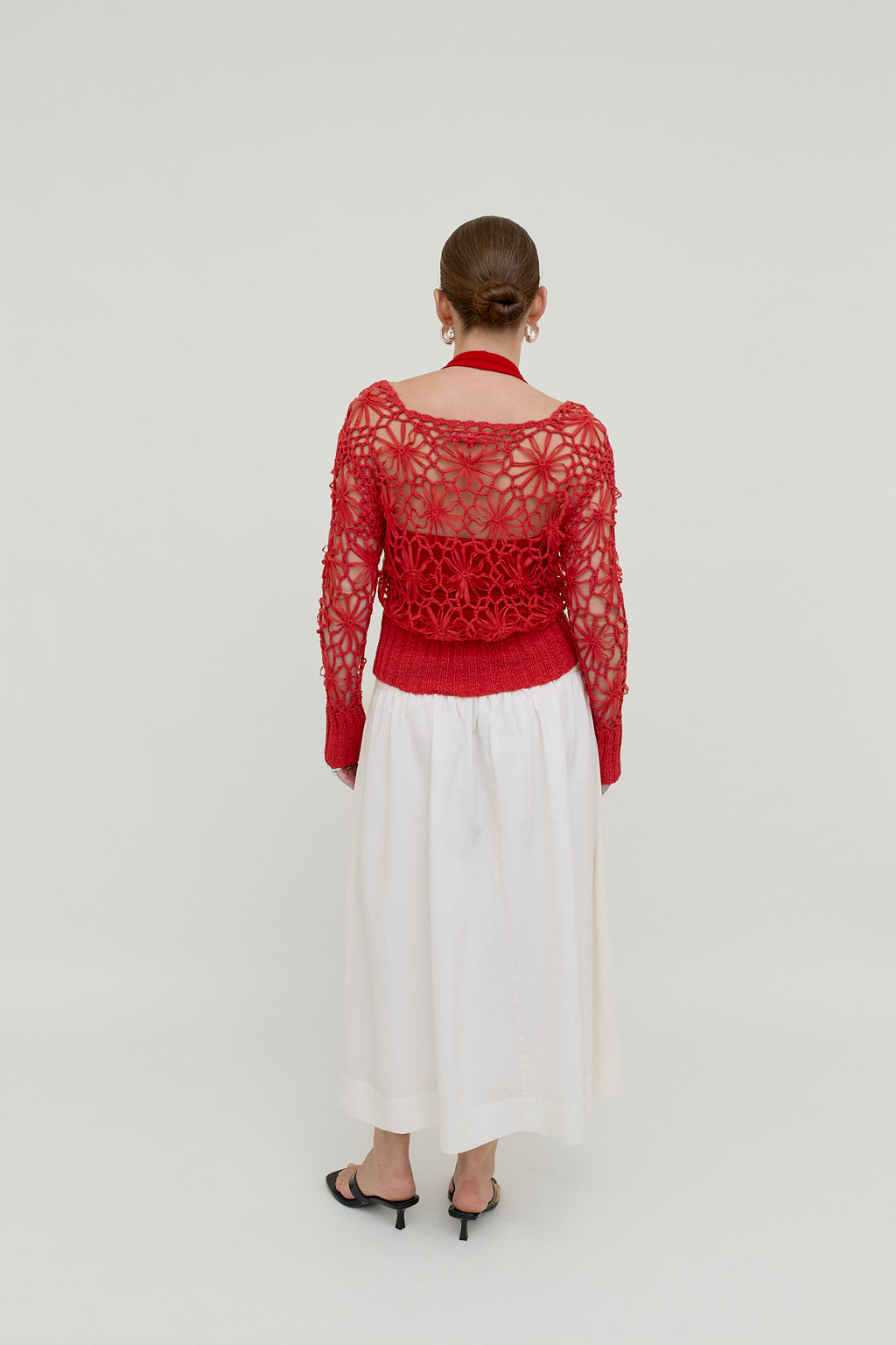 Red crocheted knit top