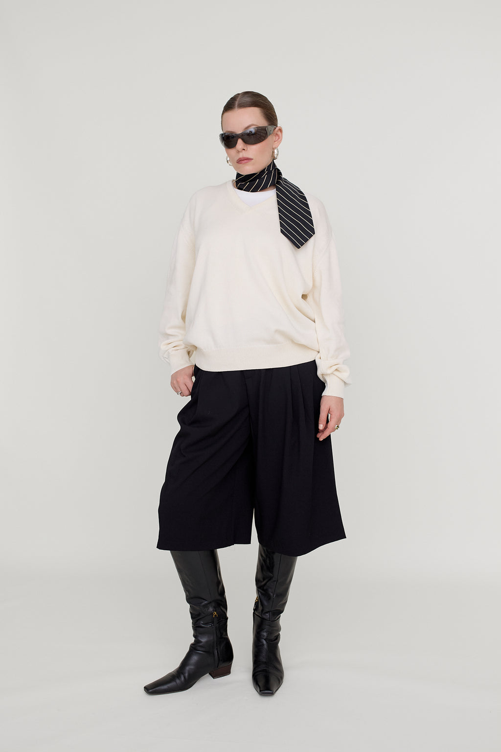 Cream cotton V-neck jumper