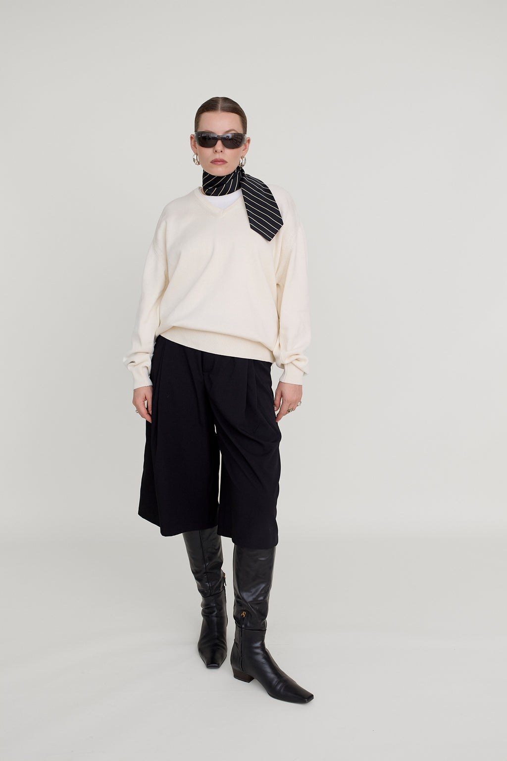 Cream cotton V-neck jumper