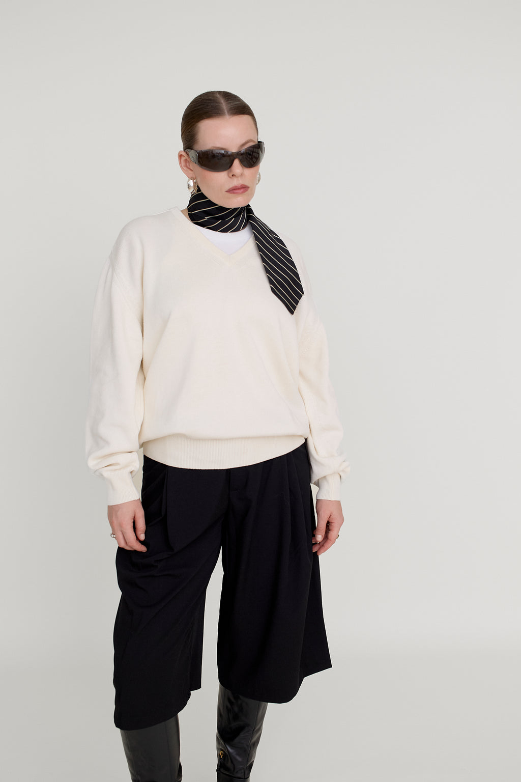 Cream cotton V-neck jumper