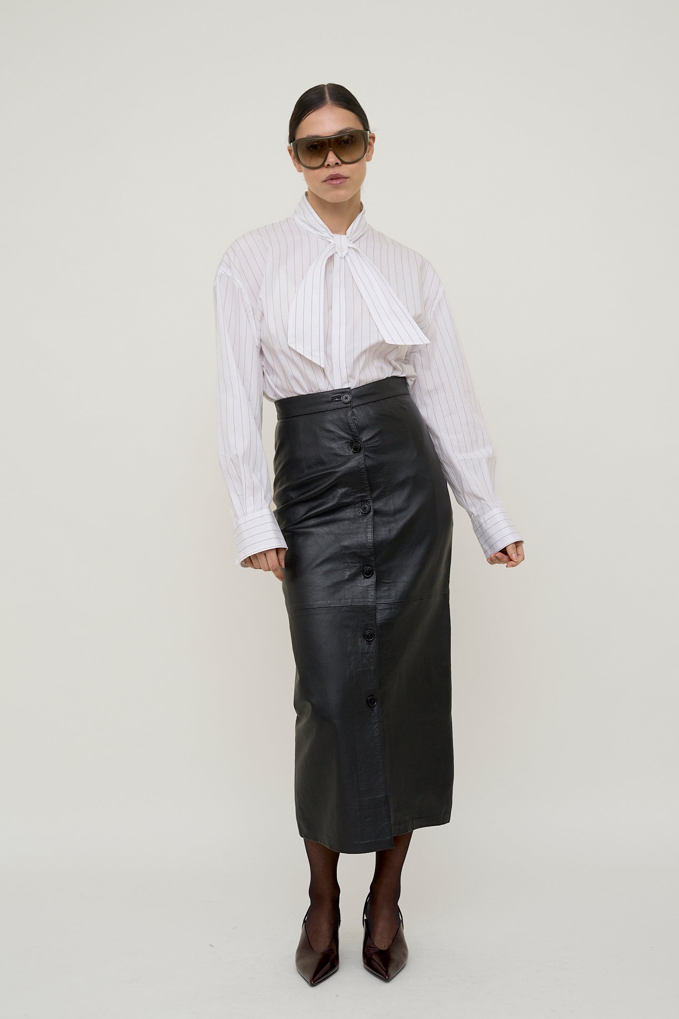 Black tailored leather column skirt