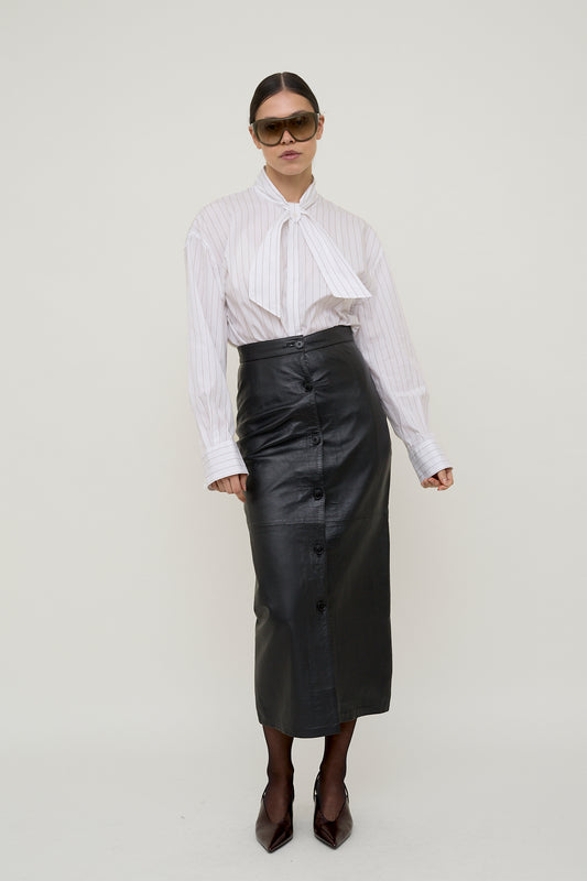 Black tailored leather column skirt