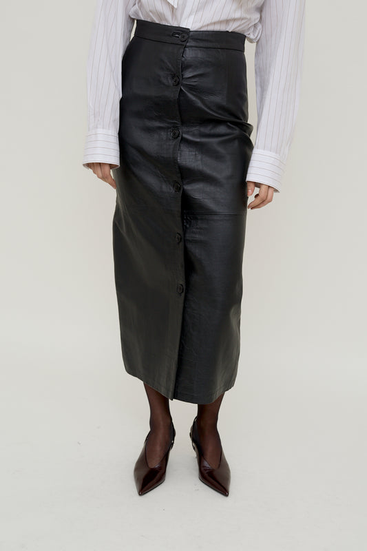 Black tailored leather column skirt