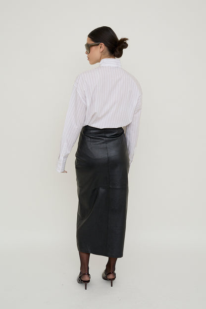 Black tailored leather column skirt