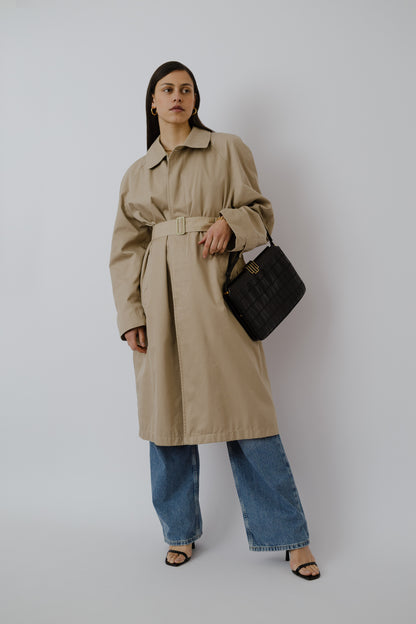 Wide shoulder trench coat